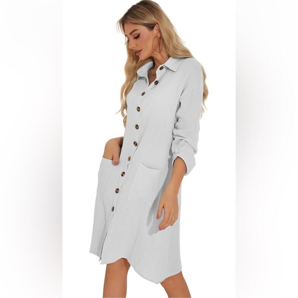 Cotton Shirt Dress Casual Long Sleeve Button Down Blouse Tunic Shirt Pockets M‎ - Picture 2 of 3
